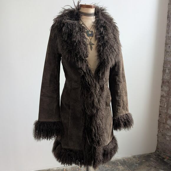 Vintage Brown Suede Penny Lane Jacket Fur Shag Leather Groovy Trench Coat Medium - Picture 3 of 14